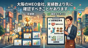 「大阪のMEO会社、実績数より先に確認すべきことがあります」というテキストと、表面的な実績数（トロフィーやランキング）と本質的な確認事項（誠実な対応、地域特性の理解、長期戦略）を左右で対比し、チェックポイントを指し示す男性のイラスト