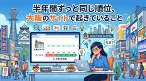 半年間検索順位が3位から変わらず悩む女性と大阪の街並みのイラスト