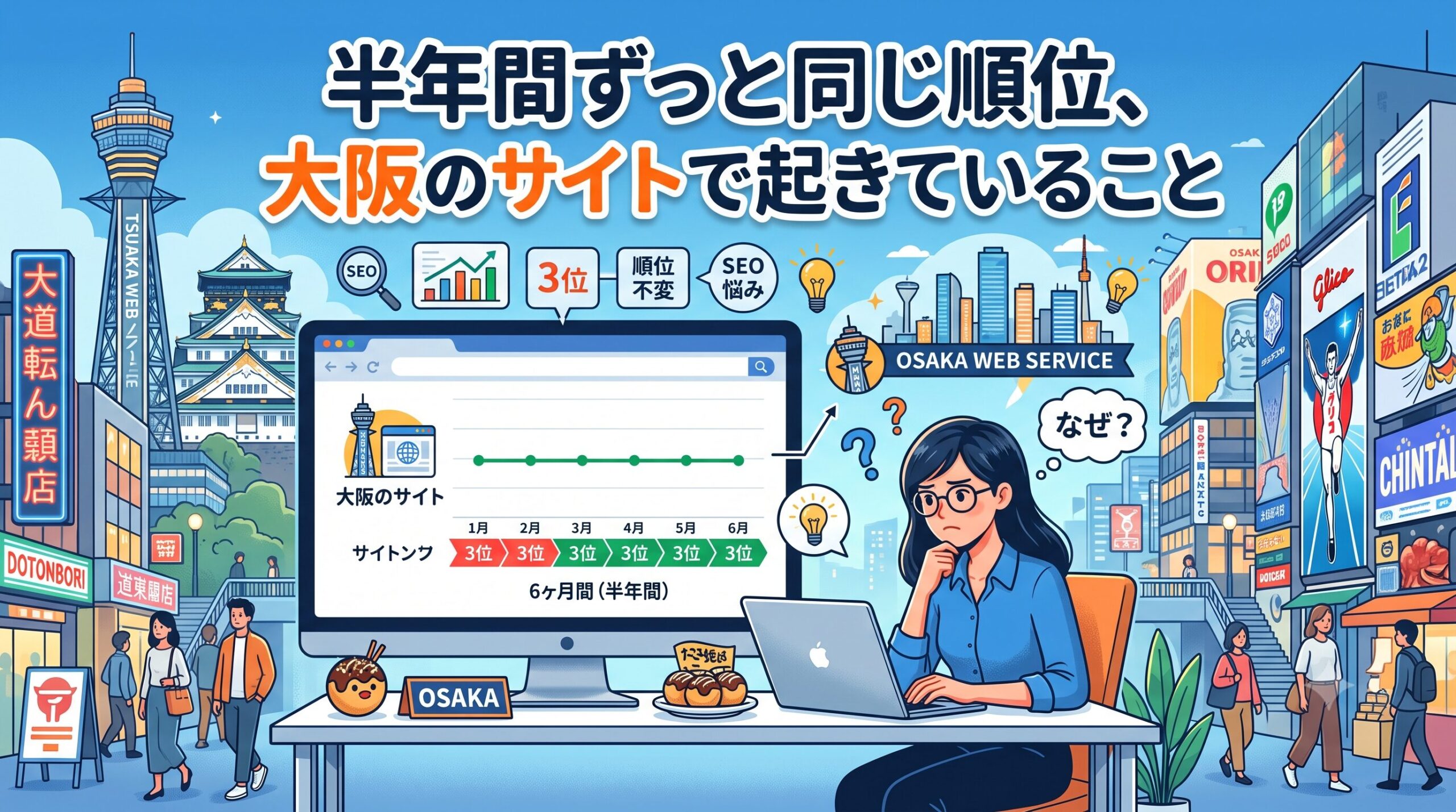 半年間検索順位が3位から変わらず悩む女性と大阪の街並みのイラスト