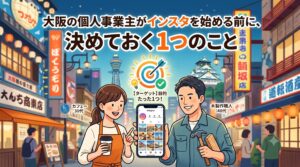 「大阪の個人事業主がインスタを始める前に、決めておく1つのこと」というテキストが入ったブログ用アイキャッチ画像。通天閣や大阪城が見える夜の商店街を背景に、カフェを営む30代女性と木工作業を行う40代男性の職人が、Instagramの画面を挟んで笑顔で立っている。中央にはターゲットを意味する的のアイコンと共に「【ターゲット】目的 たった1つ！」というメッセージが強調されている。