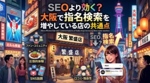 SEO対策よりも効果的な大阪の飲食店の指名検索を増やす共通点（ファン・コミュニティ、圧倒的体験、SNS話題、口コミ・独自性）を解説するブログ記事のアイキャッチ画像。大阪の夜の街並みとスマートフォンを持つ女性、そして和風の繁盛店が描かれたカラフルなイラスト。