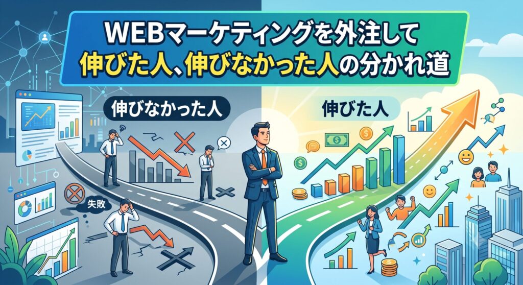 WEBマーケティングの外注における成功（右側の伸びた人）と失敗（左側の伸びなかった人）の対比を描いたイラスト