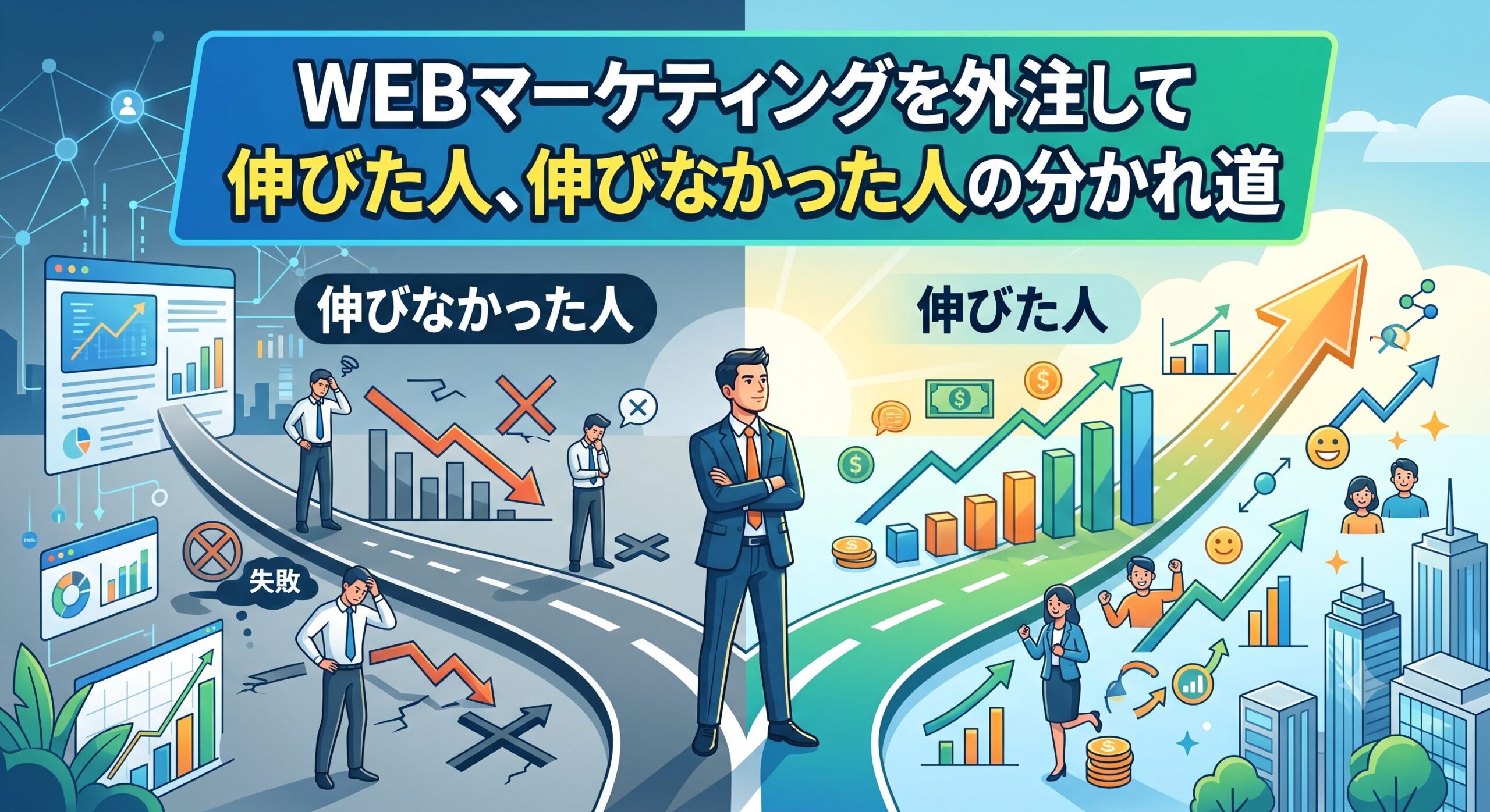WEBマーケティングの外注における成功（右側の伸びた人）と失敗（左側の伸びなかった人）の対比を描いたイラスト